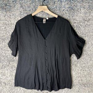 Dolan Shirt Womens Medium Black V Neck Button Front Ruffle Sleeve Mixed Media